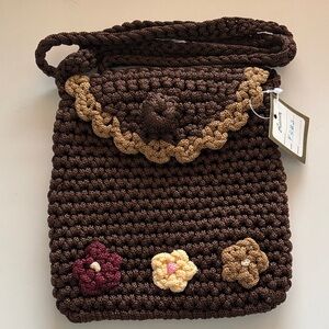 Crochet Style Crossbody Phone/Wallet Holder Brown Floral